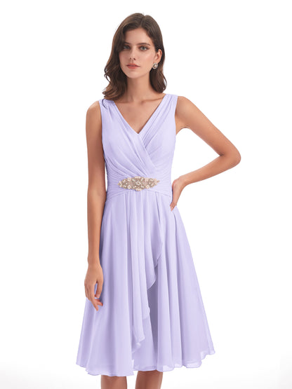 Caylee Knee Length V-neck Asymmetrical Chiffon Bridesmaid Dresses