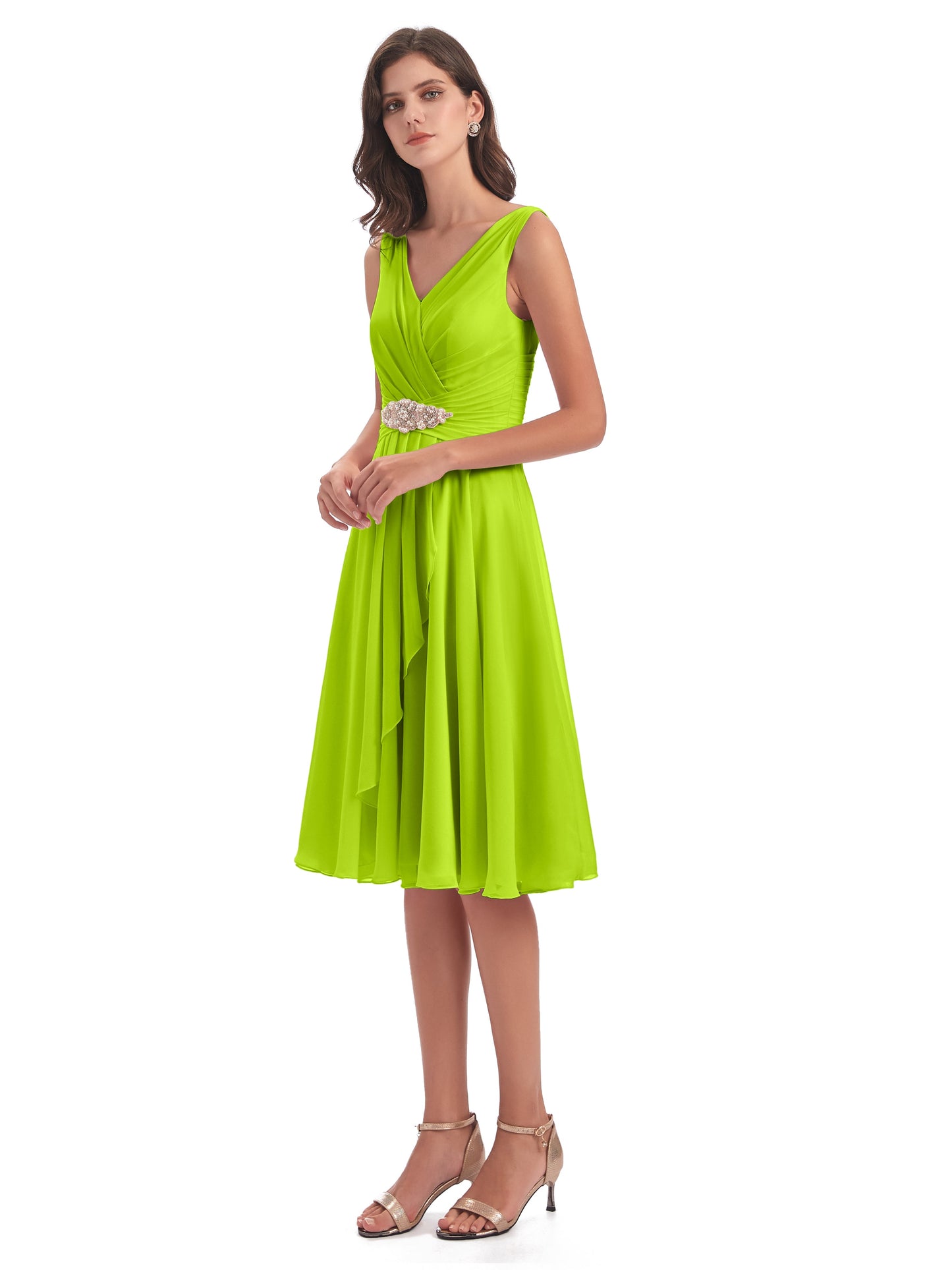Caylee Knee Length V-neck Asymmetrical Chiffon Bridesmaid Dresses