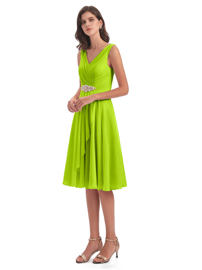 Caylee Knee Length V-neck Asymmetrical Chiffon Bridesmaid Dresses