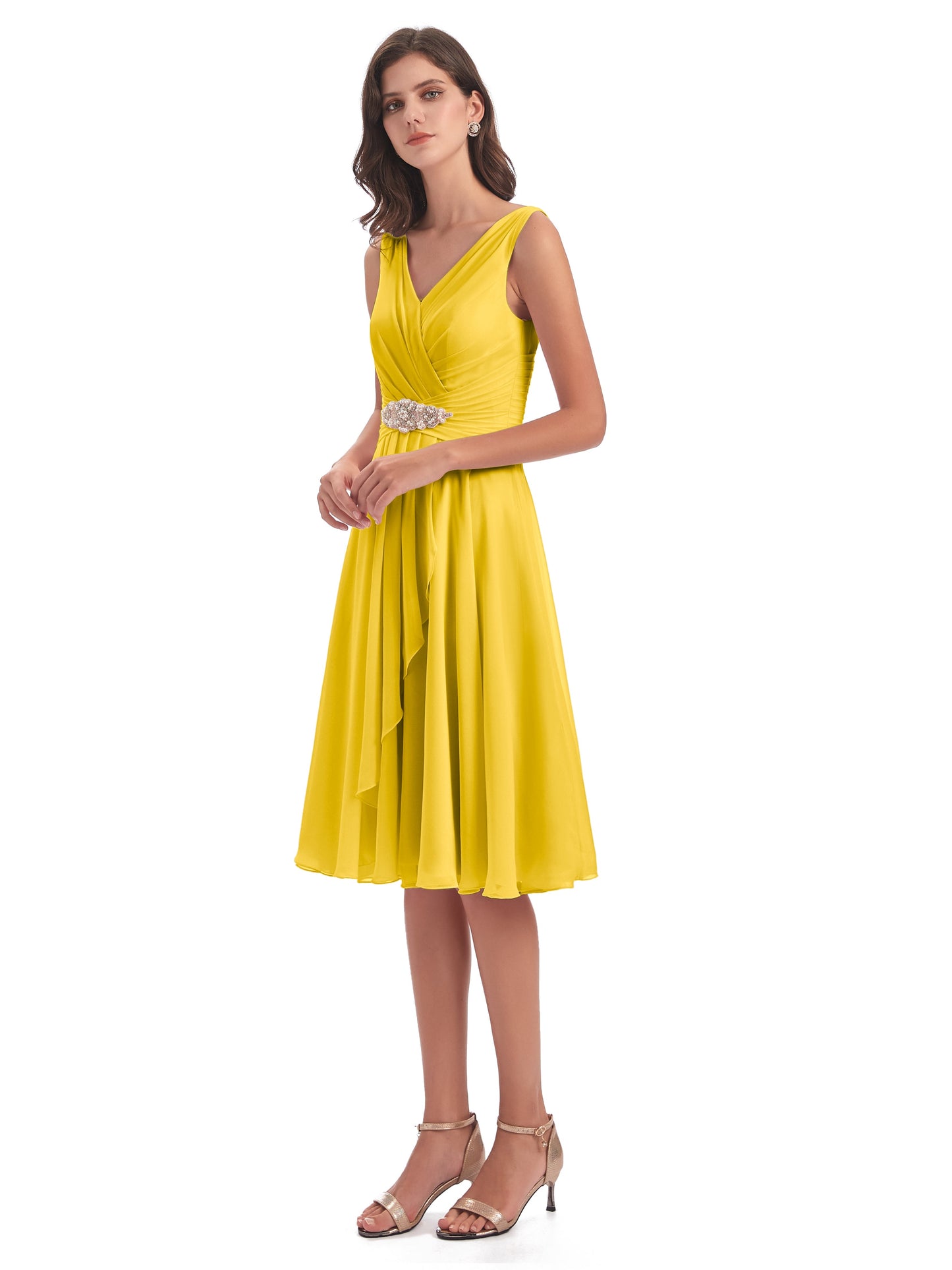 Caylee Knee Length V-neck Asymmetrical Chiffon Bridesmaid Dresses