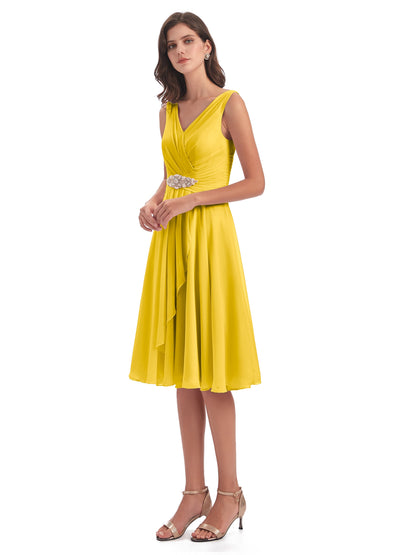Caylee Knee Length V-neck Asymmetrical Chiffon Bridesmaid Dresses