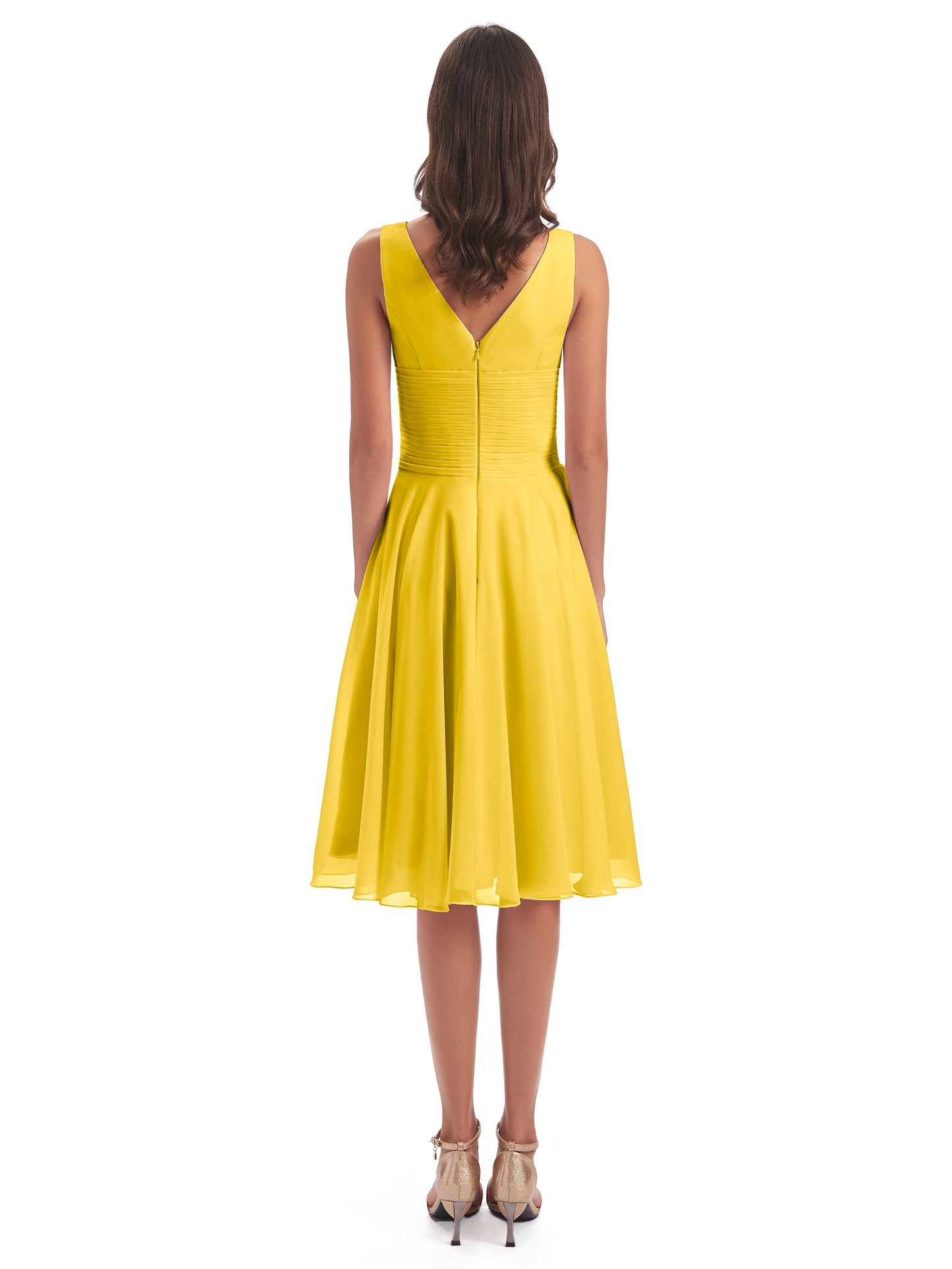 Caylee Knee Length V-neck Asymmetrical Chiffon Bridesmaid Dresses