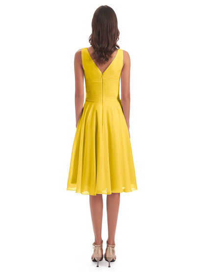 Caylee Knee Length V-neck Asymmetrical Chiffon Bridesmaid Dresses