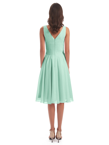 Caylee Knee Length V-neck Asymmetrical Chiffon Bridesmaid Dresses