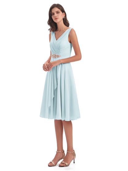 Caylee Knee Length V-neck Asymmetrical Chiffon Bridesmaid Dresses