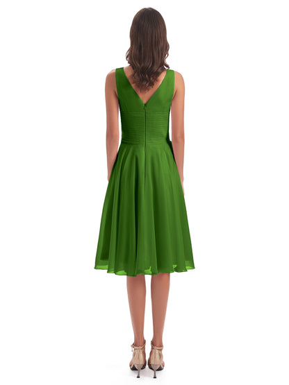 Caylee Knee Length V-neck Asymmetrical Chiffon Bridesmaid Dresses