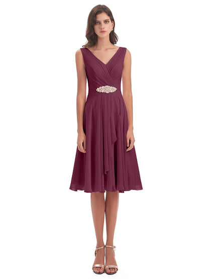 Caylee Knee Length V-neck Asymmetrical Chiffon Bridesmaid Dresses