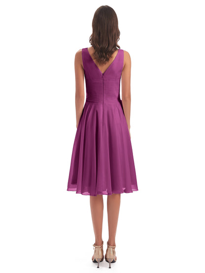 Caylee Knee Length V-neck Asymmetrical Chiffon Bridesmaid Dresses
