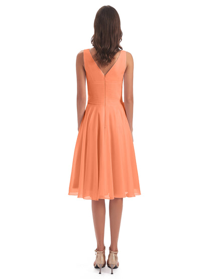 Caylee Knee Length V-neck Asymmetrical Chiffon Bridesmaid Dresses