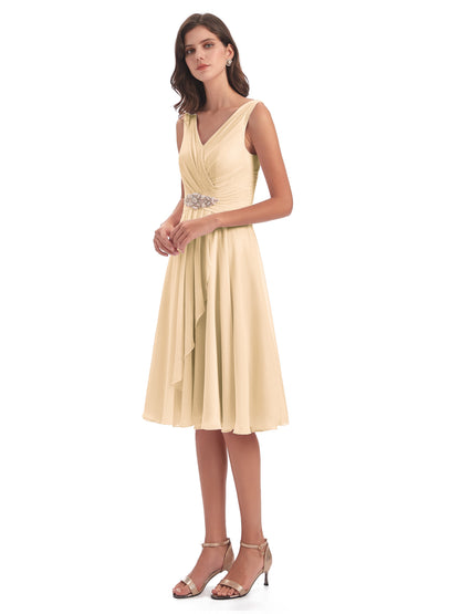 Caylee Knee Length V-neck Asymmetrical Chiffon Bridesmaid Dresses