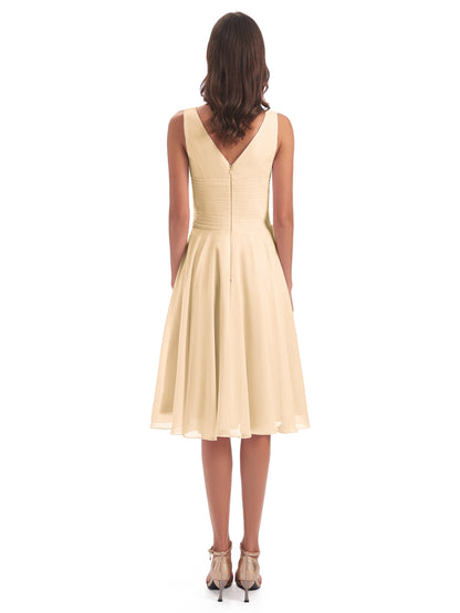 Caylee Knee Length V-neck Asymmetrical Chiffon Bridesmaid Dresses