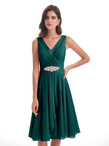 Caylee Knee Length V-neck Asymmetrical Chiffon Bridesmaid Dresses