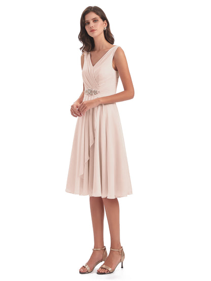 Caylee Knee Length V-neck Asymmetrical Chiffon Bridesmaid Dresses
