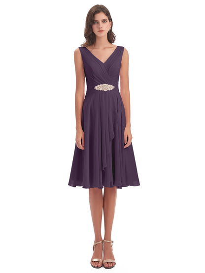 Caylee Knee Length V-neck Asymmetrical Chiffon Bridesmaid Dresses