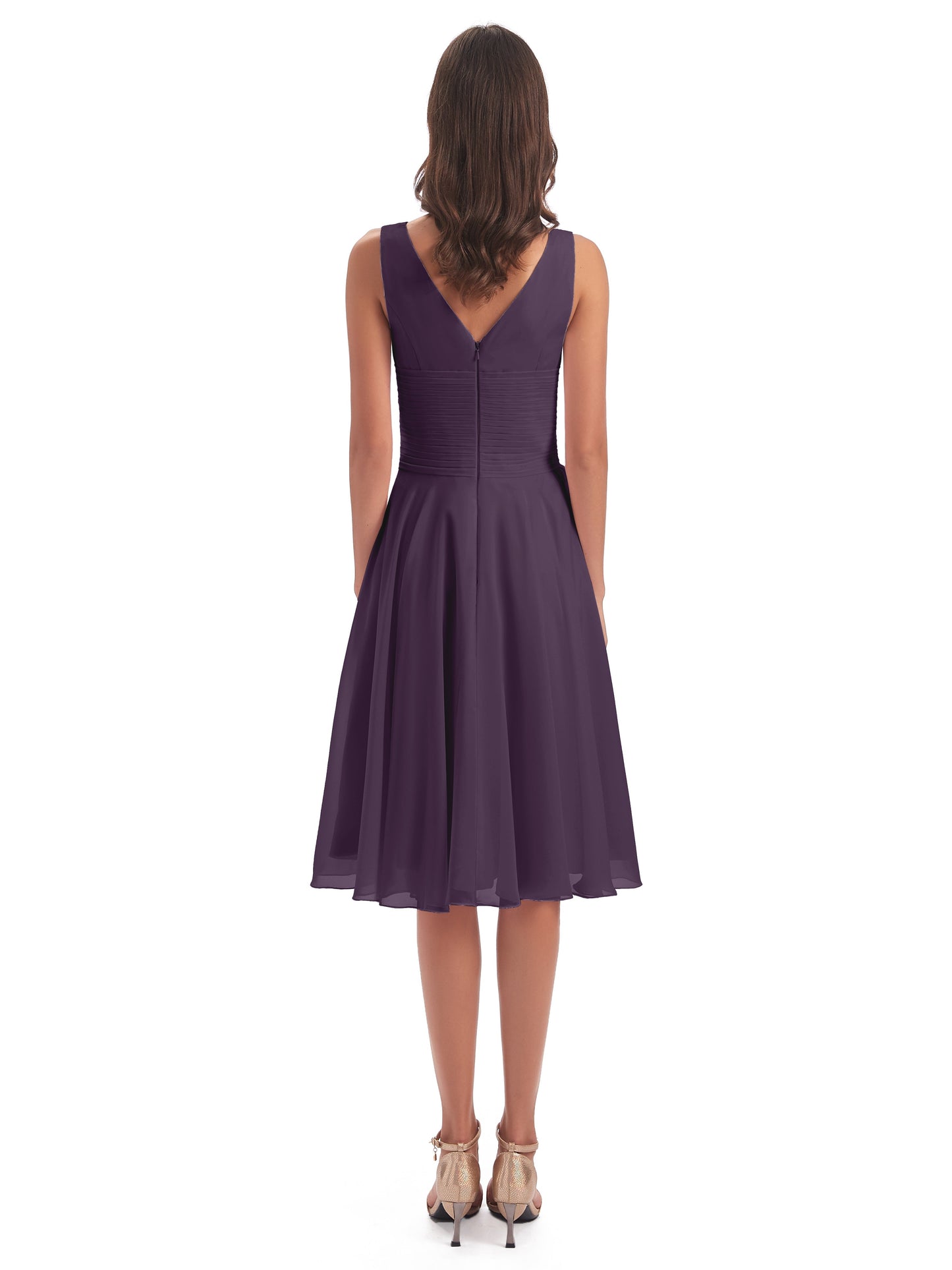 Caylee Knee Length V-neck Asymmetrical Chiffon Bridesmaid Dresses