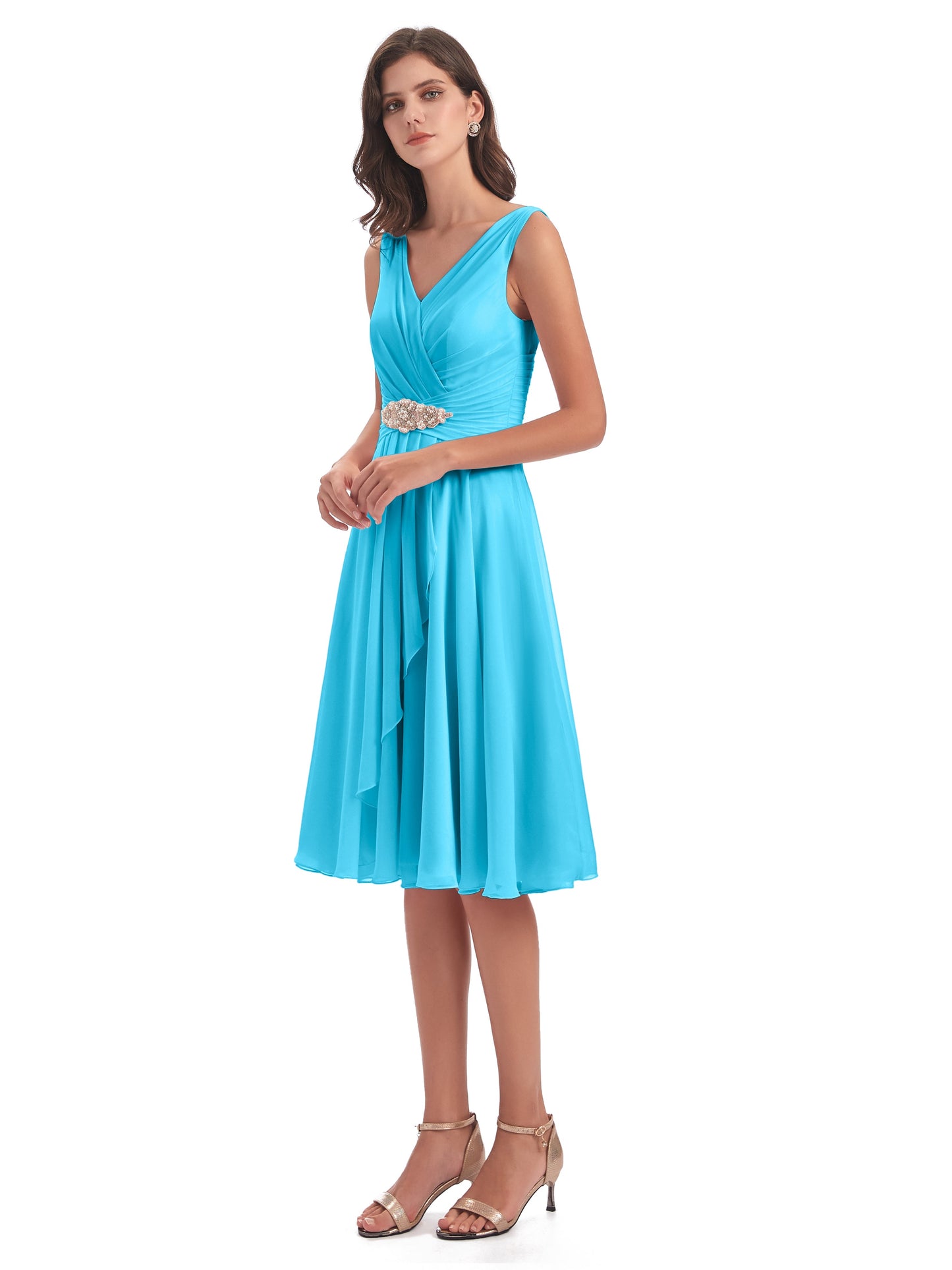 Caylee Knee Length V-neck Asymmetrical Chiffon Bridesmaid Dresses