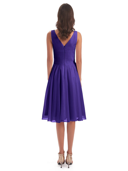 Caylee Knee Length V-neck Asymmetrical Chiffon Bridesmaid Dresses