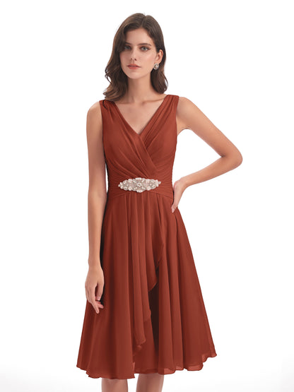 Caylee Knee Length V-neck Asymmetrical Chiffon Bridesmaid Dresses