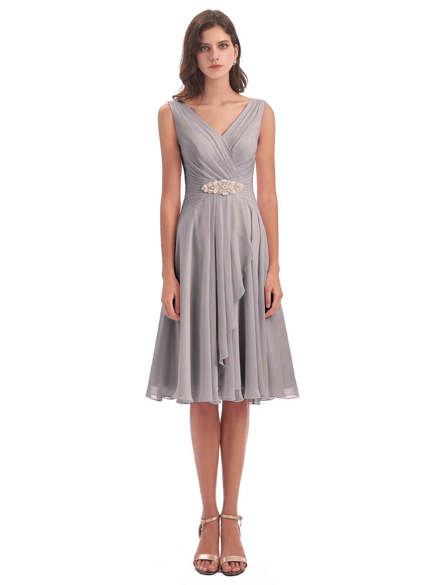 Caylee Knee Length V-neck Asymmetrical Chiffon Bridesmaid Dresses