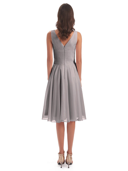 Caylee Knee Length V-neck Asymmetrical Chiffon Bridesmaid Dresses