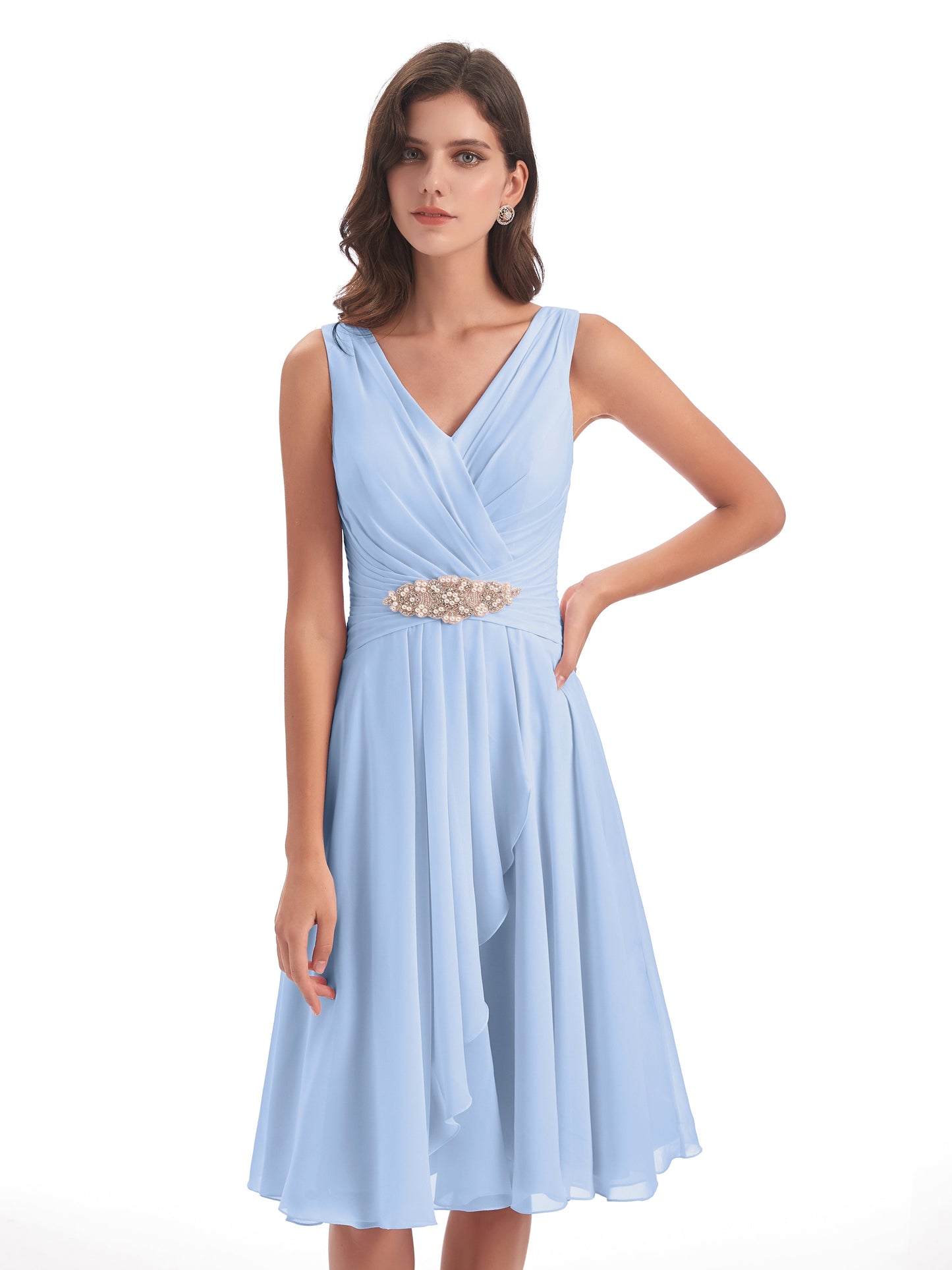 Caylee Knee Length V-neck Asymmetrical Chiffon Bridesmaid Dresses
