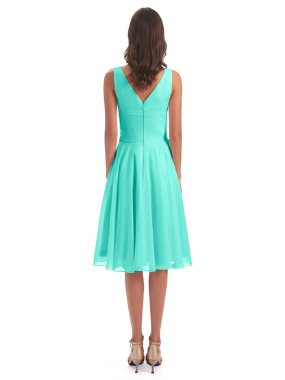 Caylee Knee Length V-neck Asymmetrical Chiffon Bridesmaid Dresses
