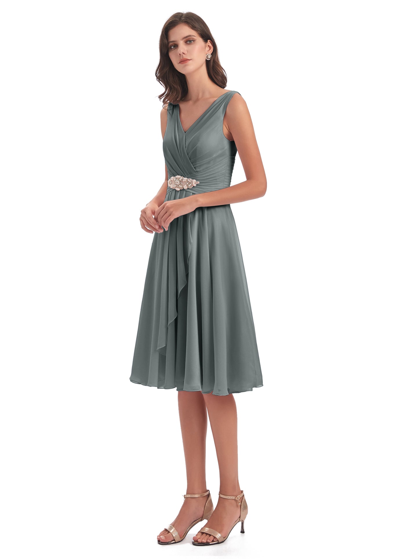 Caylee Knee Length V-neck Asymmetrical Chiffon Bridesmaid Dresses