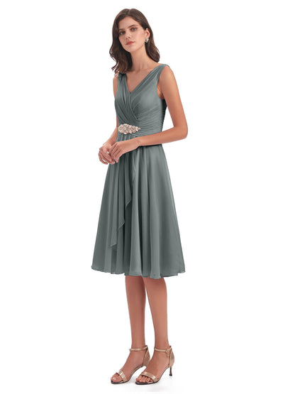 Caylee Knee Length V-neck Asymmetrical Chiffon Bridesmaid Dresses