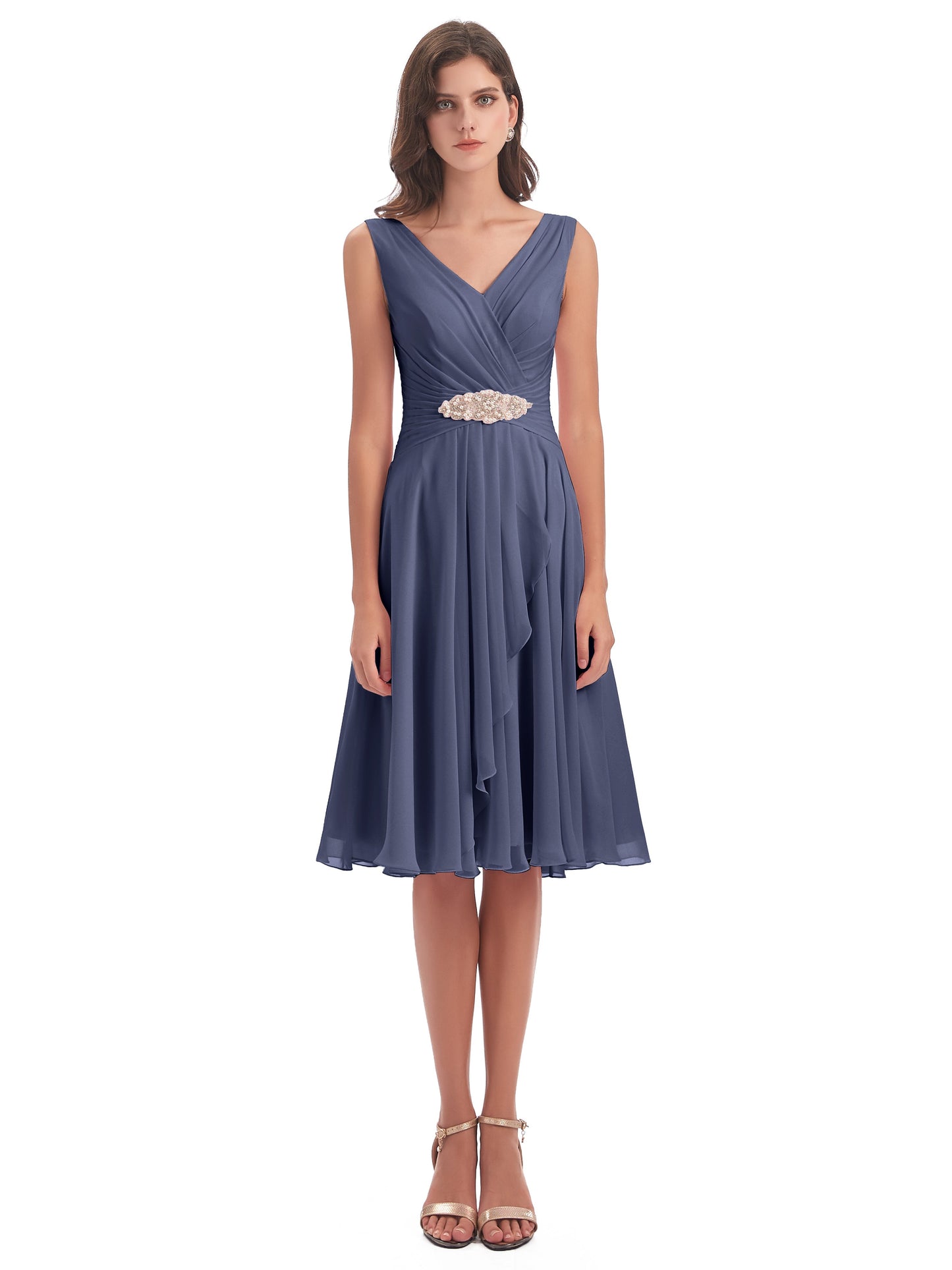 Caylee Knee Length V-neck Asymmetrical Chiffon Bridesmaid Dresses