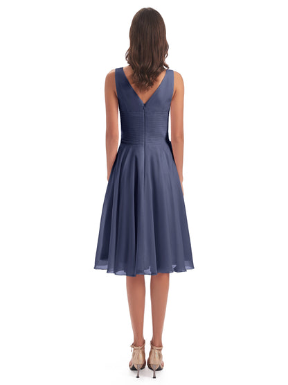 Caylee Knee Length V-neck Asymmetrical Chiffon Bridesmaid Dresses