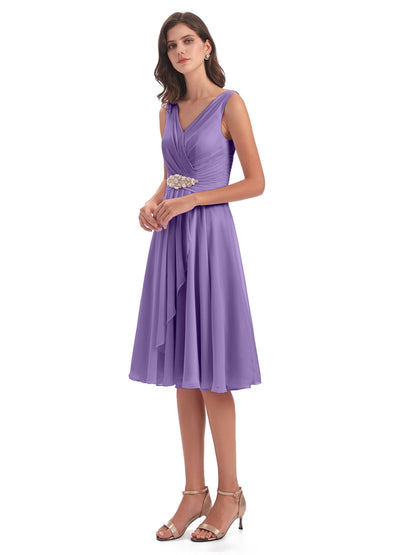 Caylee Knee Length V-neck Asymmetrical Chiffon Bridesmaid Dresses