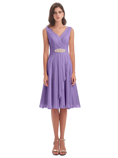 Caylee Knee Length V-neck Asymmetrical Chiffon Bridesmaid Dresses