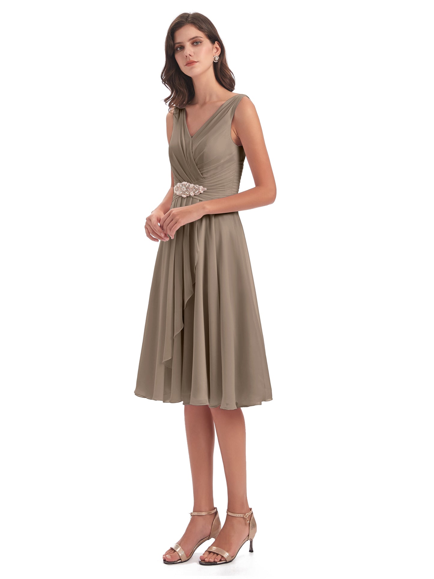 Caylee Knee Length V-neck Asymmetrical Chiffon Bridesmaid Dresses