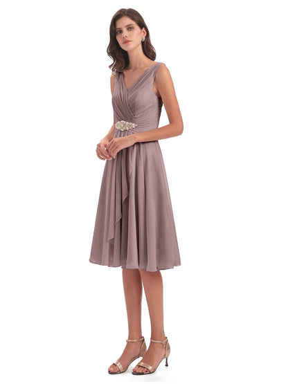 Caylee Knee Length V-neck Asymmetrical Chiffon Bridesmaid Dresses