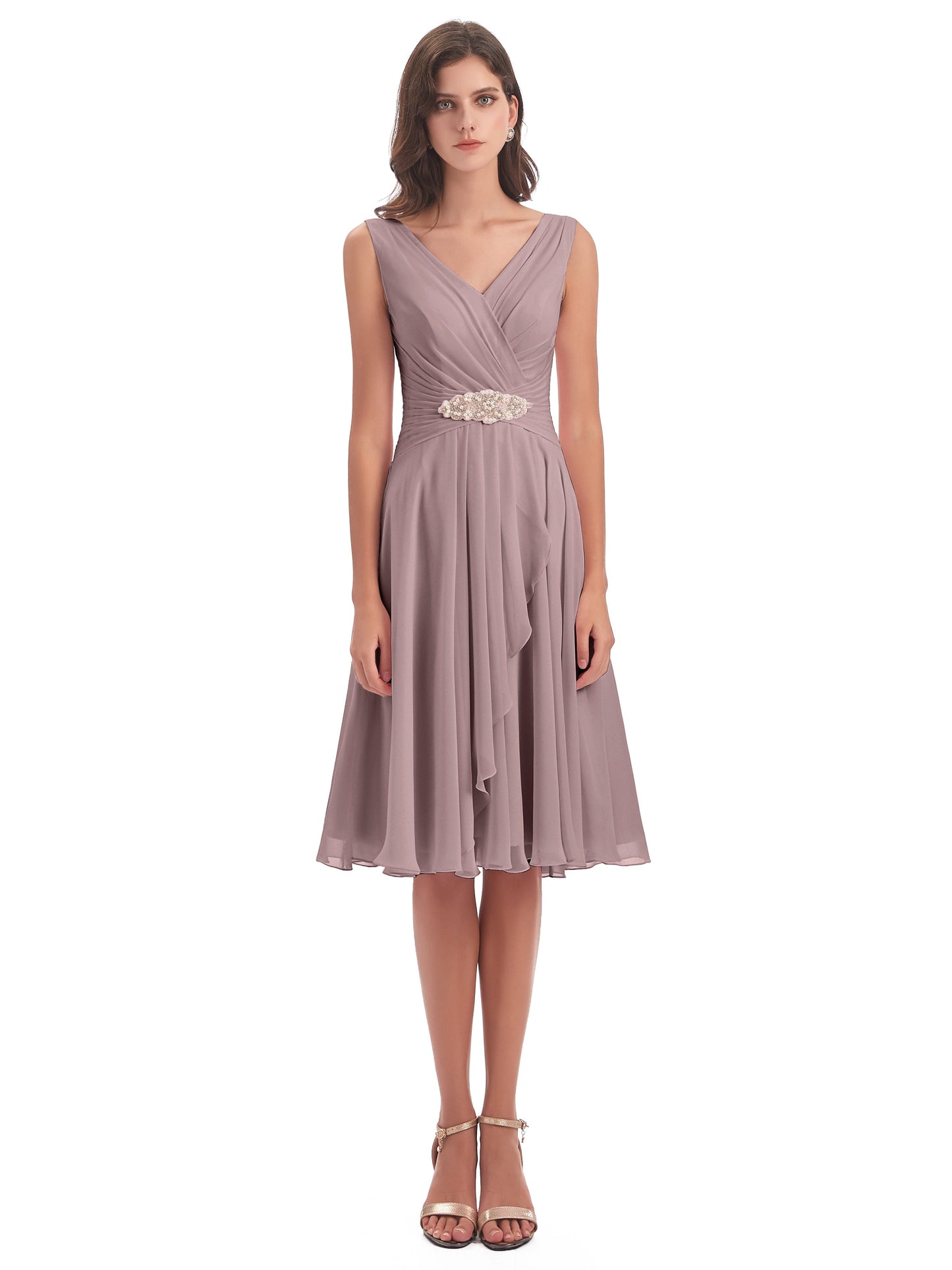 Caylee Knee Length V-neck Asymmetrical Chiffon Bridesmaid Dresses