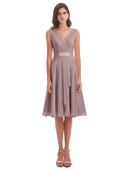 Caylee Knee Length V-neck Asymmetrical Chiffon Bridesmaid Dresses