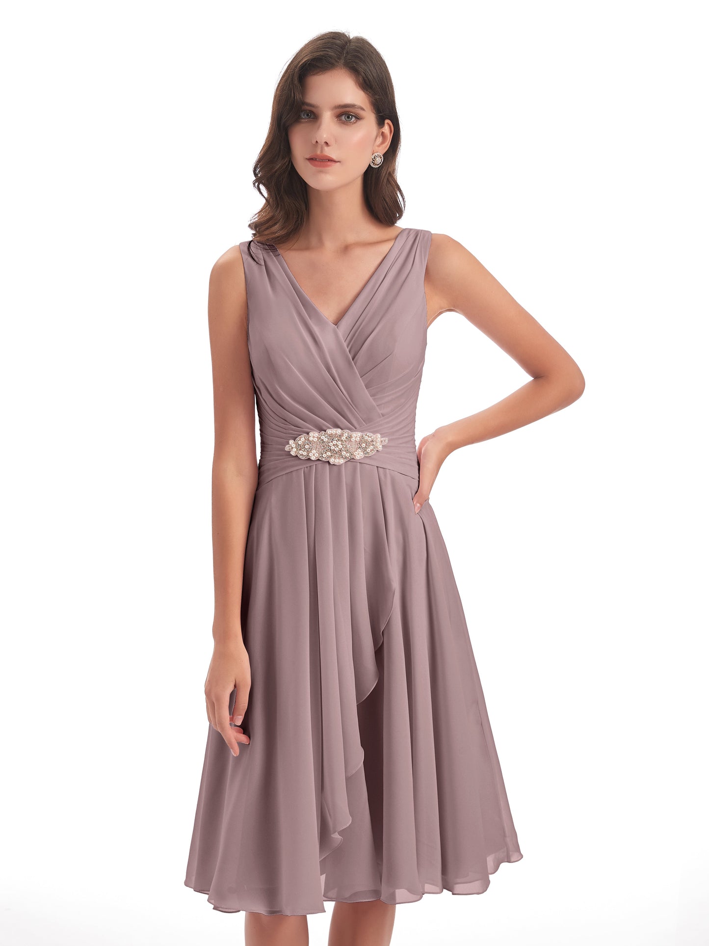 Caylee Knee Length V-neck Asymmetrical Chiffon Bridesmaid Dresses