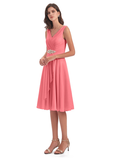 Caylee Knee Length V-neck Asymmetrical Chiffon Bridesmaid Dresses