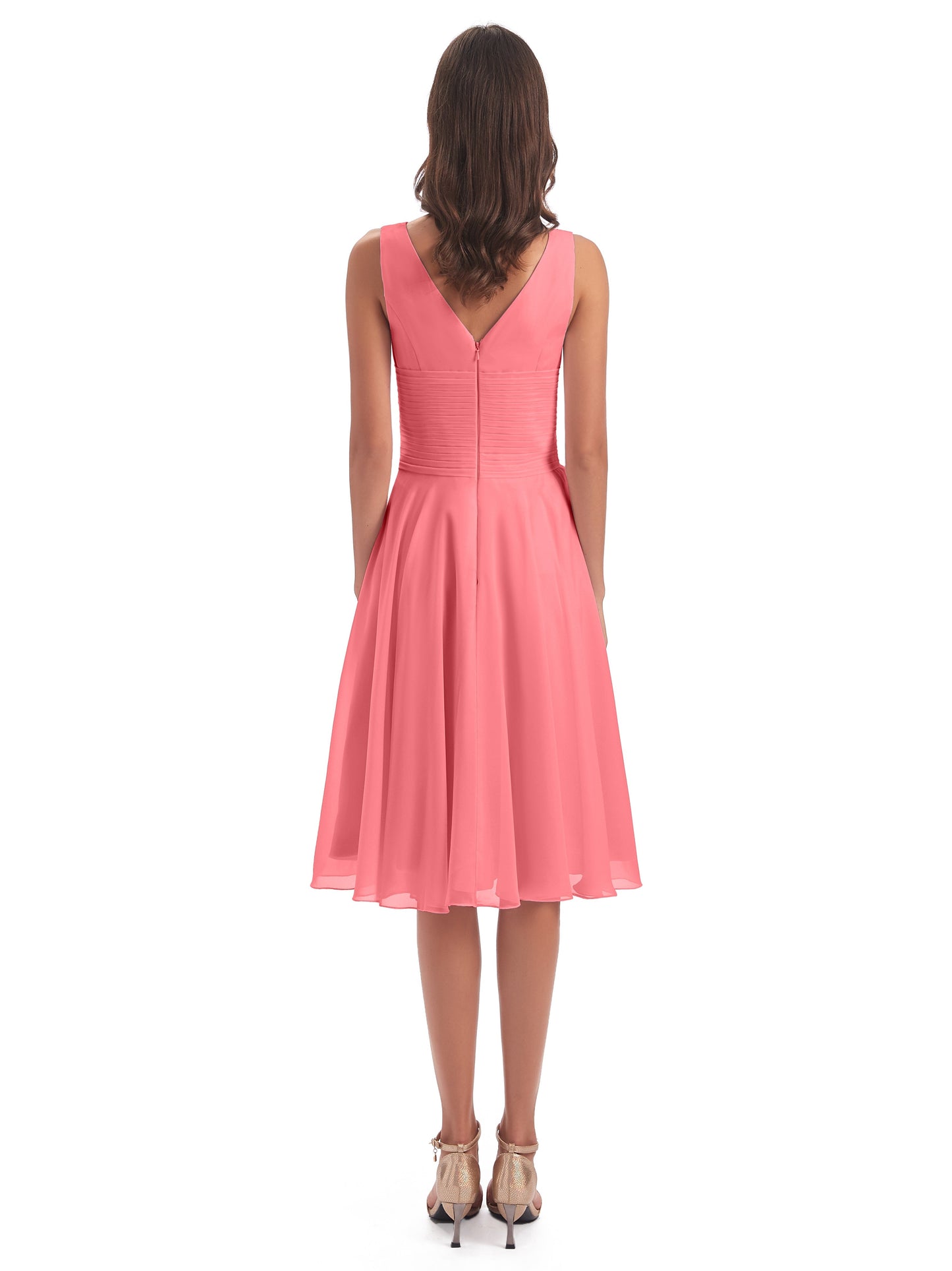 Caylee Knee Length V-neck Asymmetrical Chiffon Bridesmaid Dresses