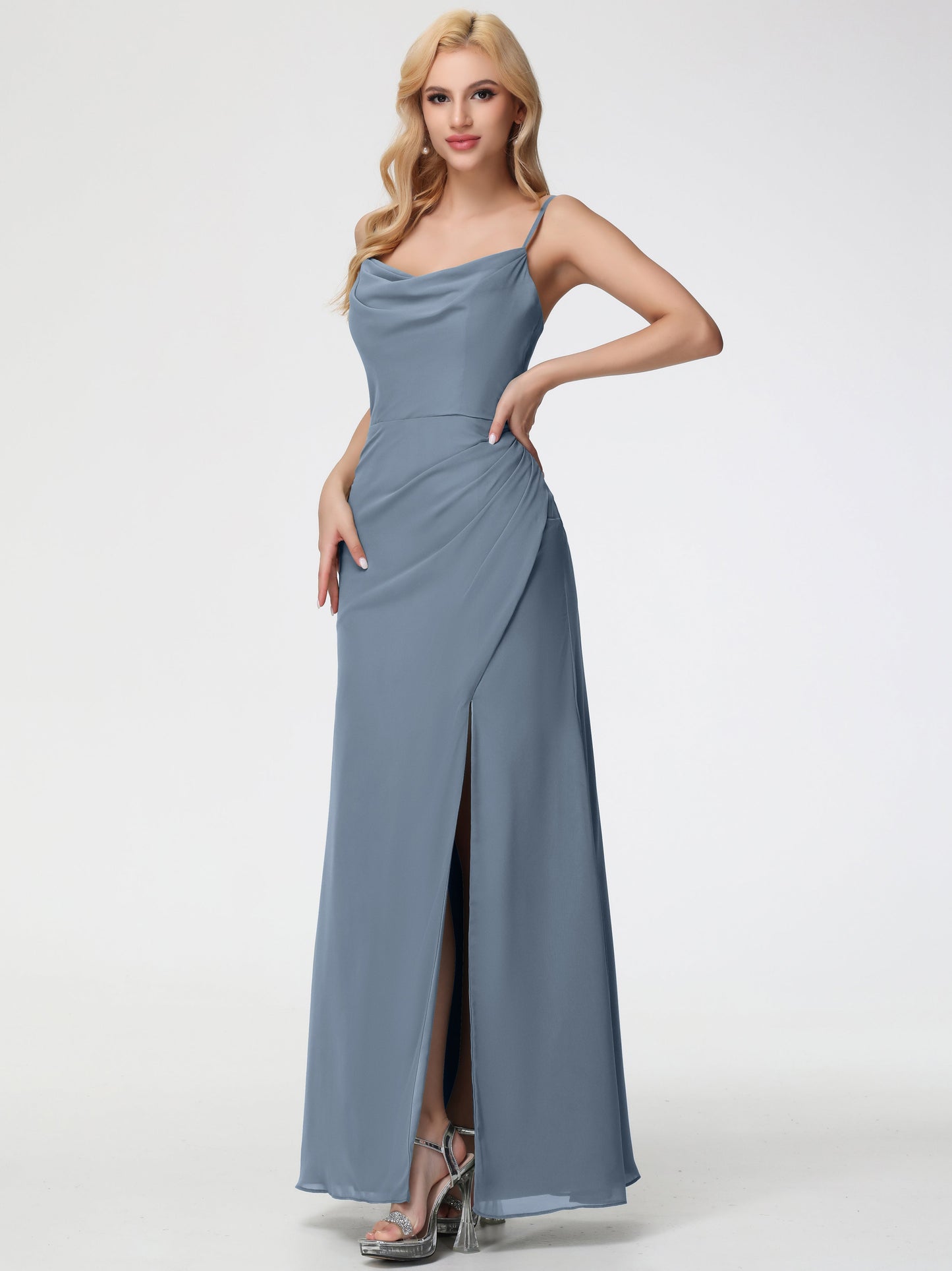 Dusty Blue Bridesmaid Dress Spaghetti Straps Cowl Neck Sheath/Coulmn Ruched Floor Length Chiffon Bridesmaid Dress With Slit