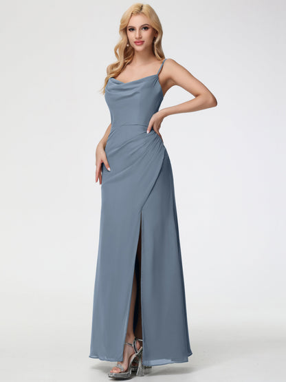 Dusty Blue Bridesmaid Dress Spaghetti Straps Cowl Neck Sheath/Coulmn Ruched Floor Length Chiffon Bridesmaid Dress With Slit