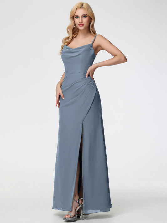 Dusty Blue Bridesmaid Dress Spaghetti Straps Cowl Neck Sheath/Coulmn Ruched Floor Length Chiffon Bridesmaid Dress With Slit