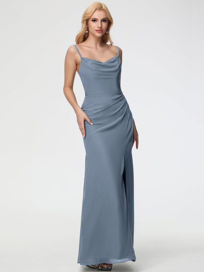 Dusty Blue Bridesmaid Dress Spaghetti Straps Cowl Neck Sheath/Coulmn Ruched Floor Length Chiffon Bridesmaid Dress With Slit