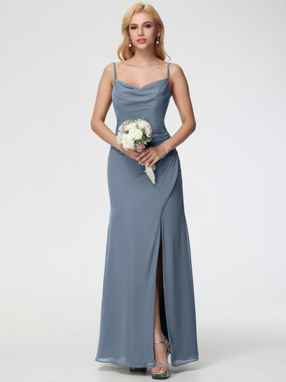Dusty Blue Bridesmaid Dress Spaghetti Straps Cowl Neck Sheath/Coulmn Ruched Floor Length Chiffon Bridesmaid Dress With Slit
