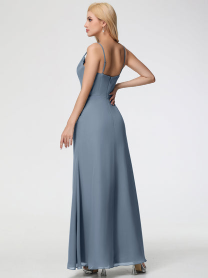 Dusty Blue Bridesmaid Dress Spaghetti Straps Cowl Neck Sheath/Coulmn Ruched Floor Length Chiffon Bridesmaid Dress With Slit