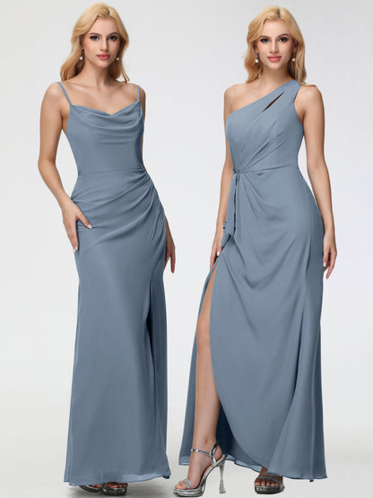 Dusty Blue Bridesmaid Dress Spaghetti Straps Cowl Neck Sheath/Coulmn Ruched Floor Length Chiffon Bridesmaid Dress With Slit