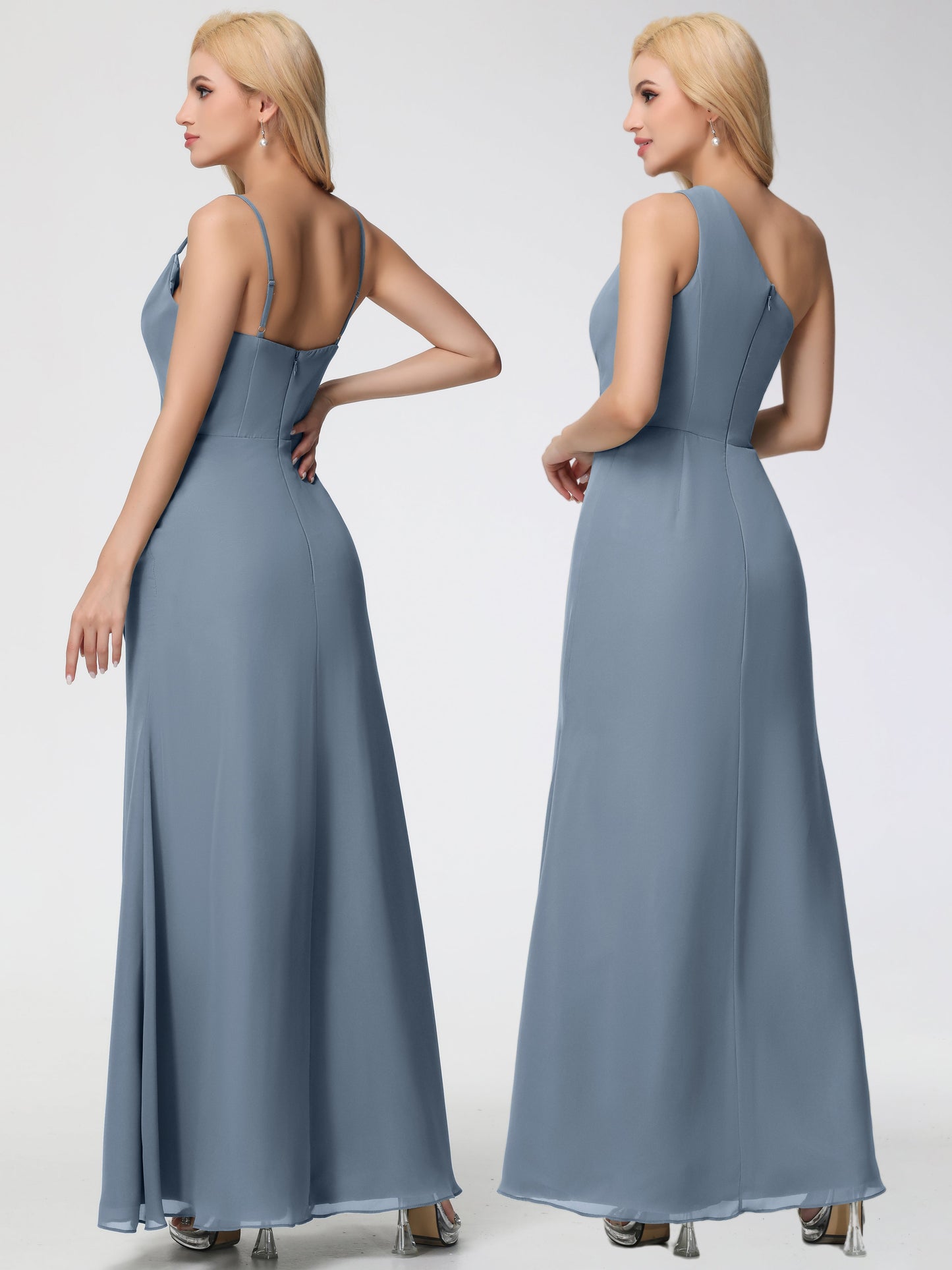 Dusty Blue Bridesmaid Dress Spaghetti Straps Cowl Neck Sheath/Coulmn Ruched Floor Length Chiffon Bridesmaid Dress With Slit