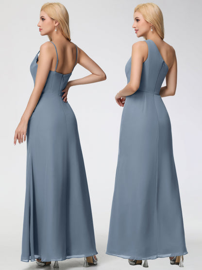 Dusty Blue Bridesmaid Dress Spaghetti Straps Cowl Neck Sheath/Coulmn Ruched Floor Length Chiffon Bridesmaid Dress With Slit