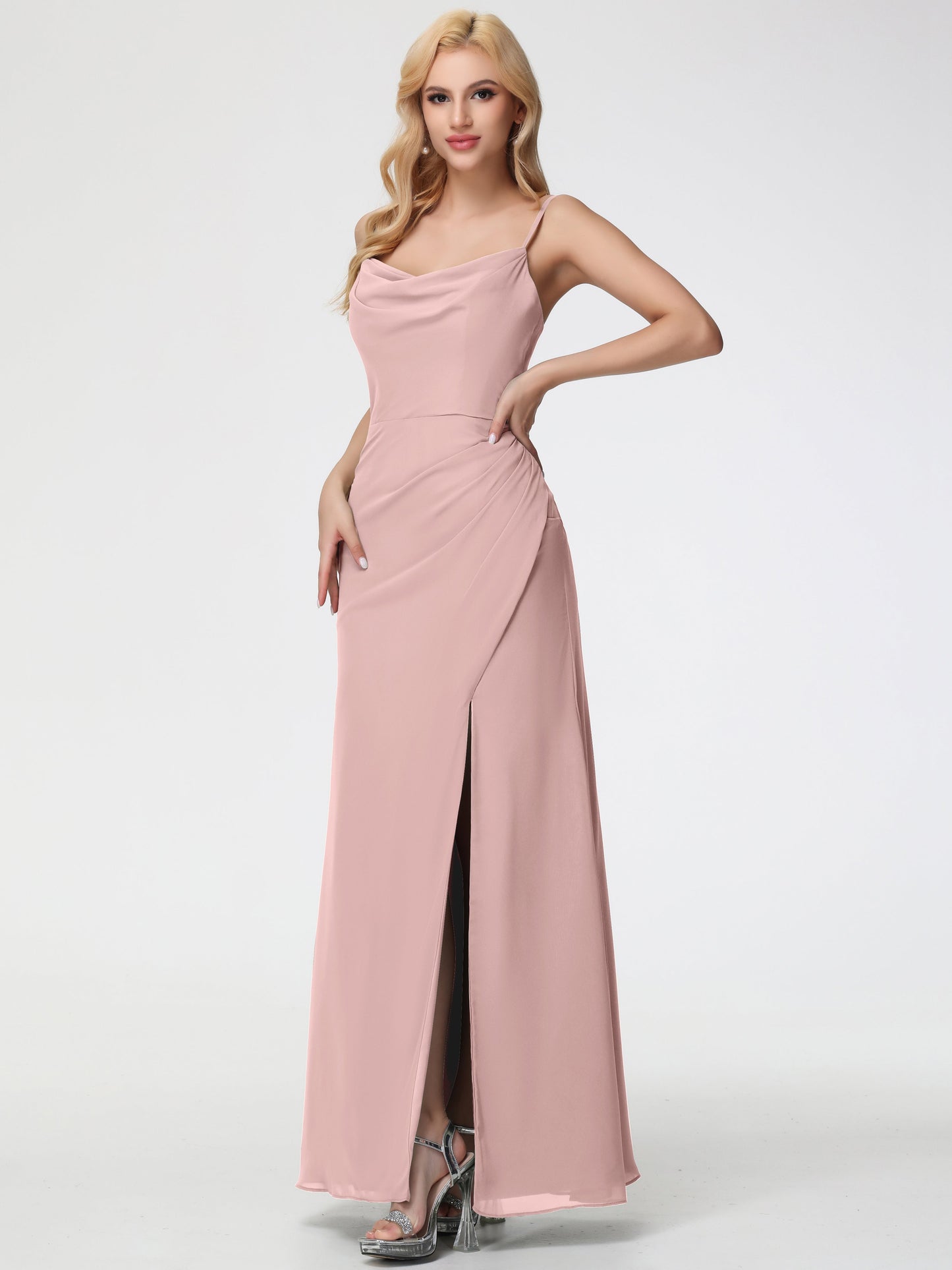 Dusty Rose Bridesmaid Dress Spaghetti Straps Cowl Neck Sheath/Coulmn Ruched Floor Length Chiffon Bridesmaid Dress With Slit