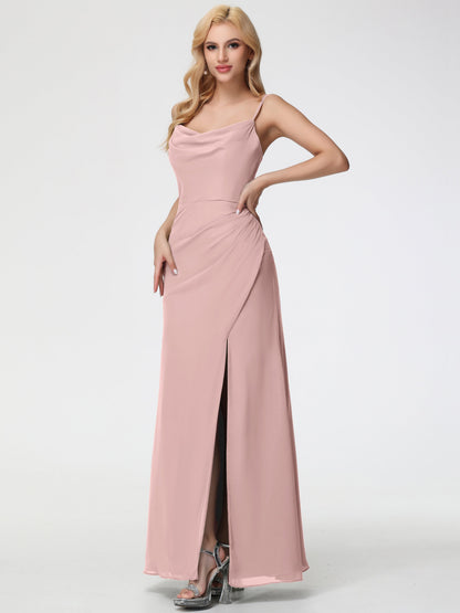 Dusty Rose Bridesmaid Dress Spaghetti Straps Cowl Neck Sheath/Coulmn Ruched Floor Length Chiffon Bridesmaid Dress With Slit
